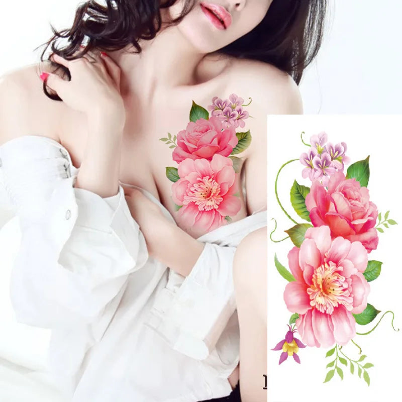 1piece Body art  flash henna tattoo fake temporary tattoos stickers rose peony flowers arm shoulder tattoo waterproof women