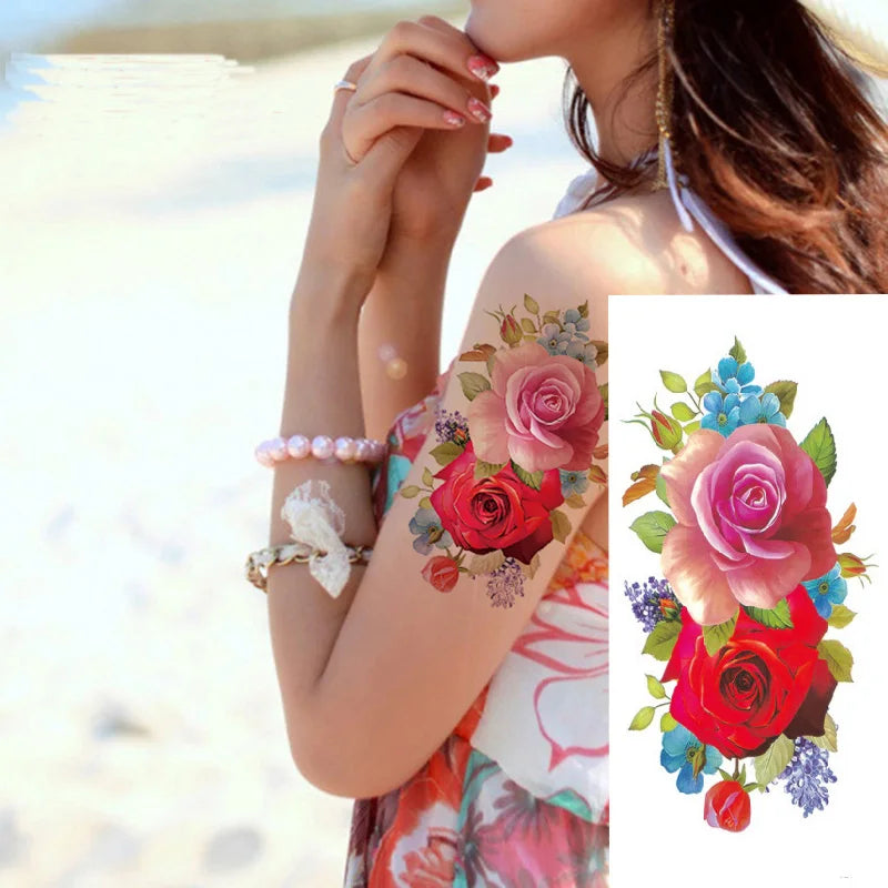 1piece Body art  flash henna tattoo fake temporary tattoos stickers rose peony flowers arm shoulder tattoo waterproof women