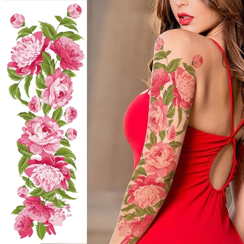 Big Arm Temporary Tattoo Sticker Colorful Peony rose flowers Fake Tattoo Sleeves Flash Tatto Waterproof Body/leg Art paint Women