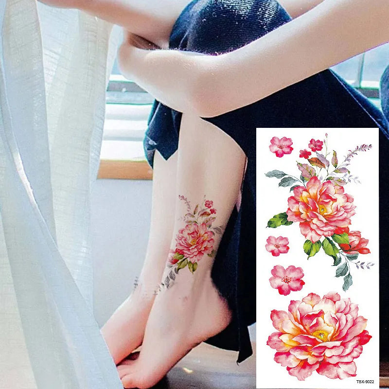 1piece Body art  flash henna tattoo fake temporary tattoos stickers rose peony flowers arm shoulder tattoo waterproof women