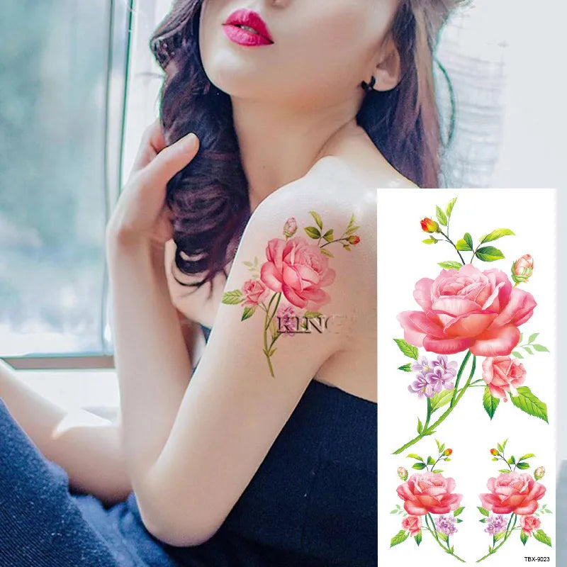 1piece Body art  flash henna tattoo fake temporary tattoos stickers rose peony flowers arm shoulder tattoo waterproof women