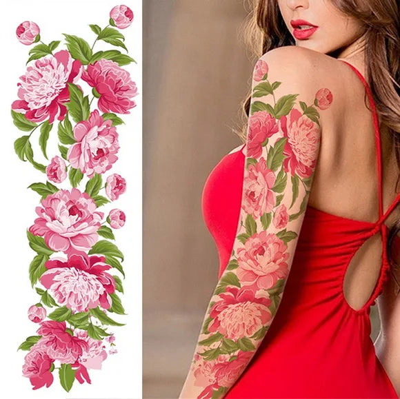 Big Arm Temporary Tattoo Sticker Colorful Peony rose flowers Fake Tattoo Sleeves Flash Tatto Waterproof Body/leg Art paint Women