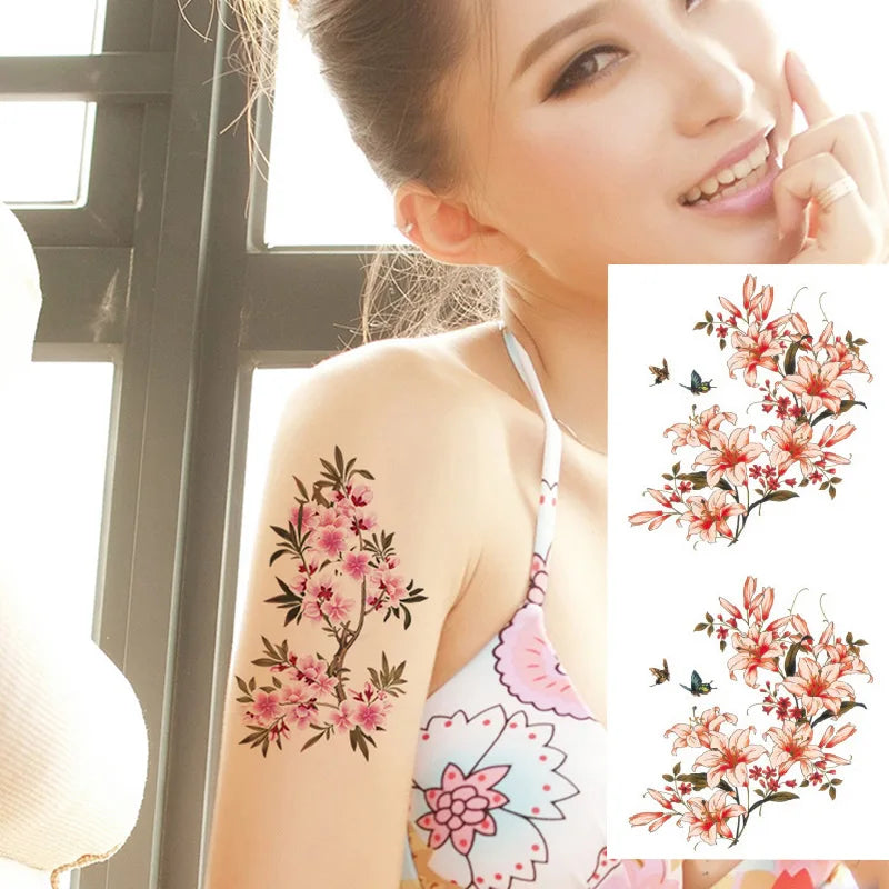 1piece Body art  flash henna tattoo fake temporary tattoos stickers rose peony flowers arm shoulder tattoo waterproof women