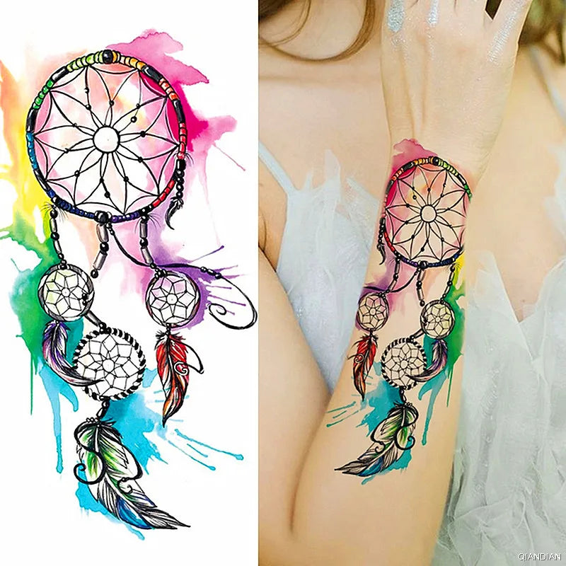 Watercolor Arm Letter Temporary Tattoos Sleeve English Word Lip Print Feather Decorate Realistic Fake Body Women Totem Sticker
