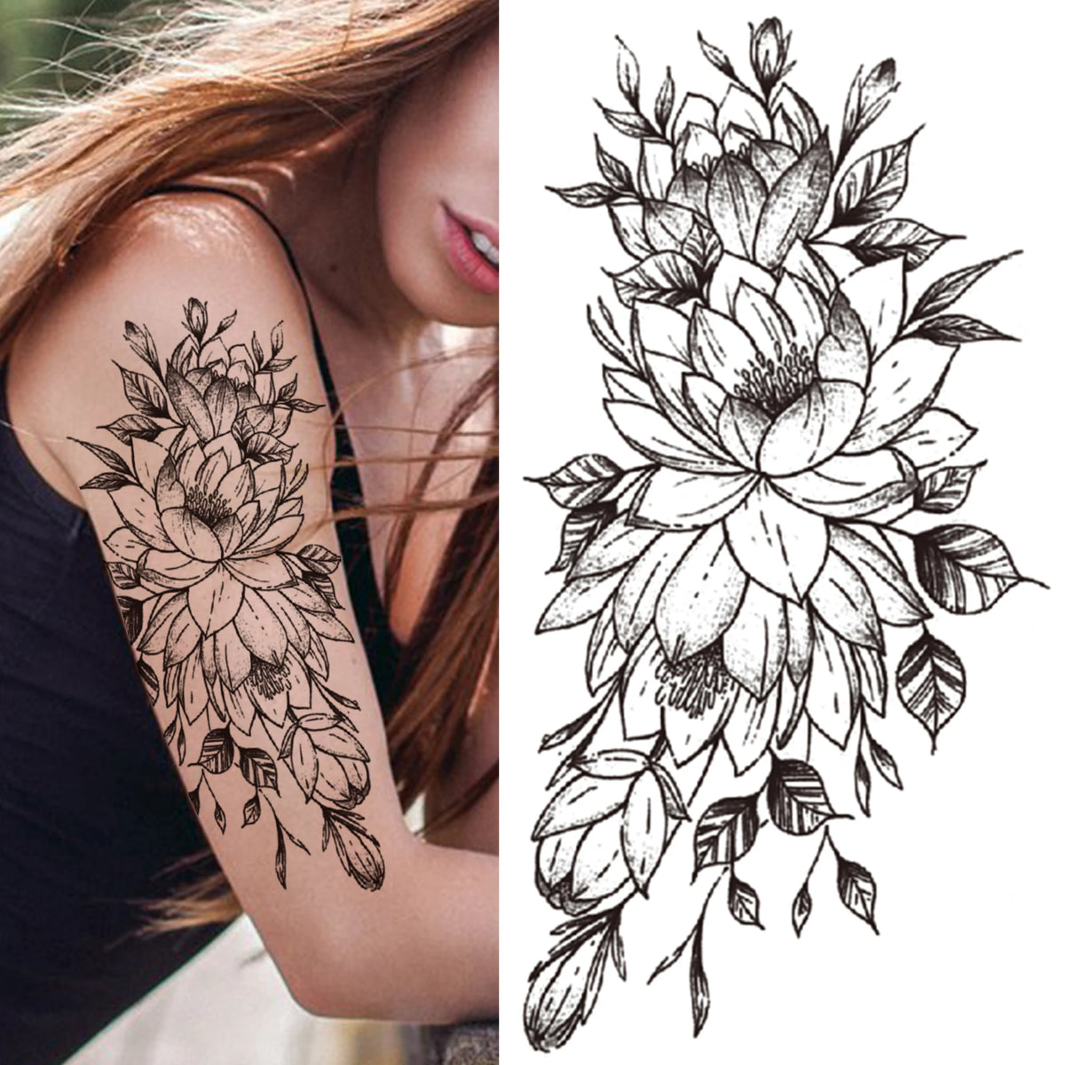 Black 3D Rose Temporary Tattoo For Women Girls Adult Peony Dahlia Flower Tattoos Sticker Black Flora Glory Geometric Arm Tatoos