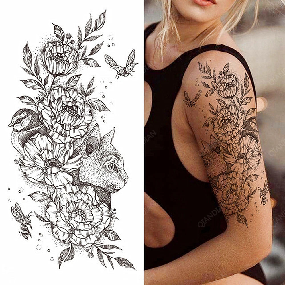 Black Temporary Tattoos Sexy Women Body Arm Art Compass Snake Flower Henna Mandala Waterproof  Character Fake Girl Tatoo Sticker