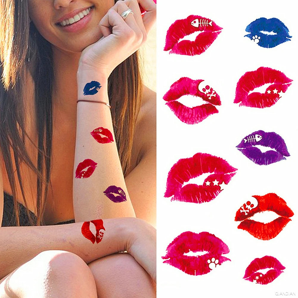 Watercolor Arm Letter Temporary Tattoos Sleeve English Word Lip Print Feather Decorate Realistic Fake Body Women Totem Sticker