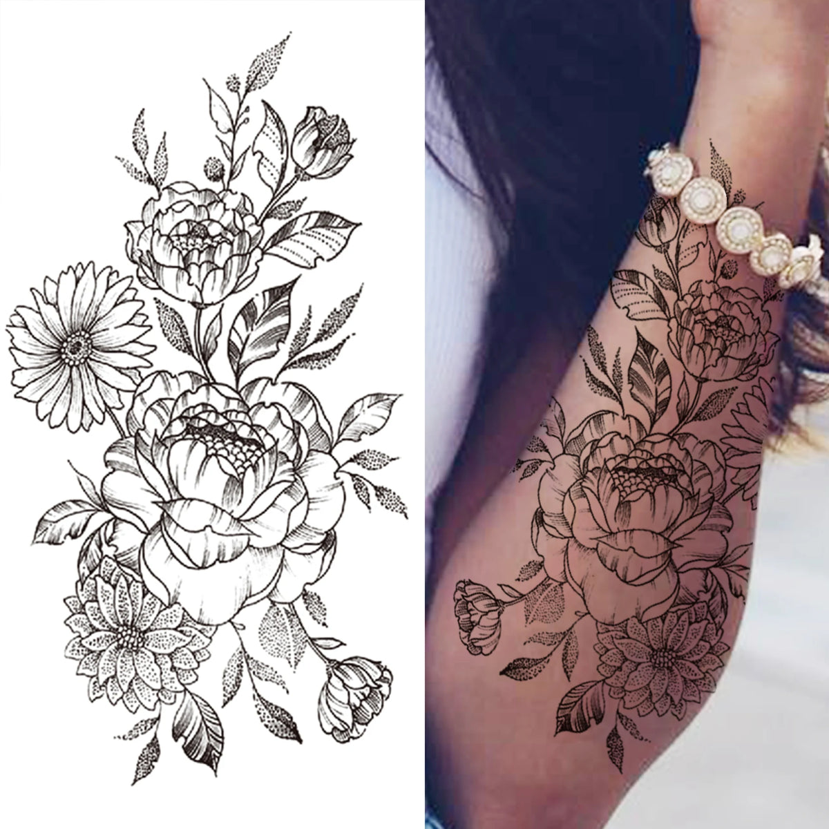 Black 3D Rose Temporary Tattoo For Women Girls Adult Peony Dahlia Flower Tattoos Sticker Black Flora Glory Geometric Arm Tatoos
