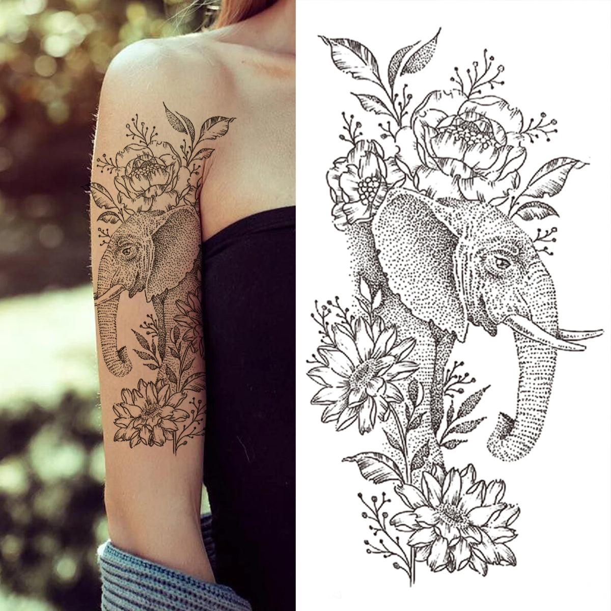 Black 3D Rose Temporary Tattoo For Women Girls Adult Peony Dahlia Flower Tattoos Sticker Black Flora Glory Geometric Arm Tatoos
