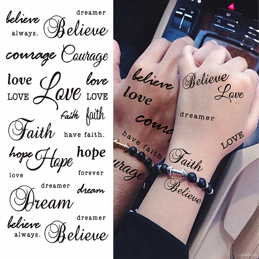 Watercolor Arm Letter Temporary Tattoos Sleeve English Word Lip Print Feather Decorate Realistic Fake Body Women Totem Sticker