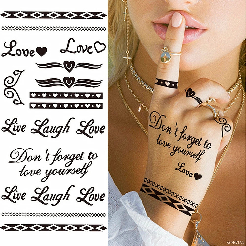 Watercolor Arm Letter Temporary Tattoos Sleeve English Word Lip Print Feather Decorate Realistic Fake Body Women Totem Sticker