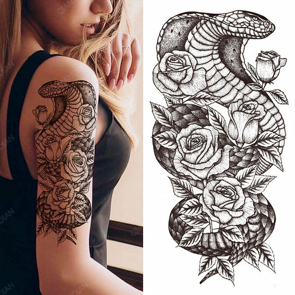 Black Temporary Tattoos Sexy Women Body Arm Art Compass Snake Flower Henna Mandala Waterproof  Character Fake Girl Tatoo Sticker