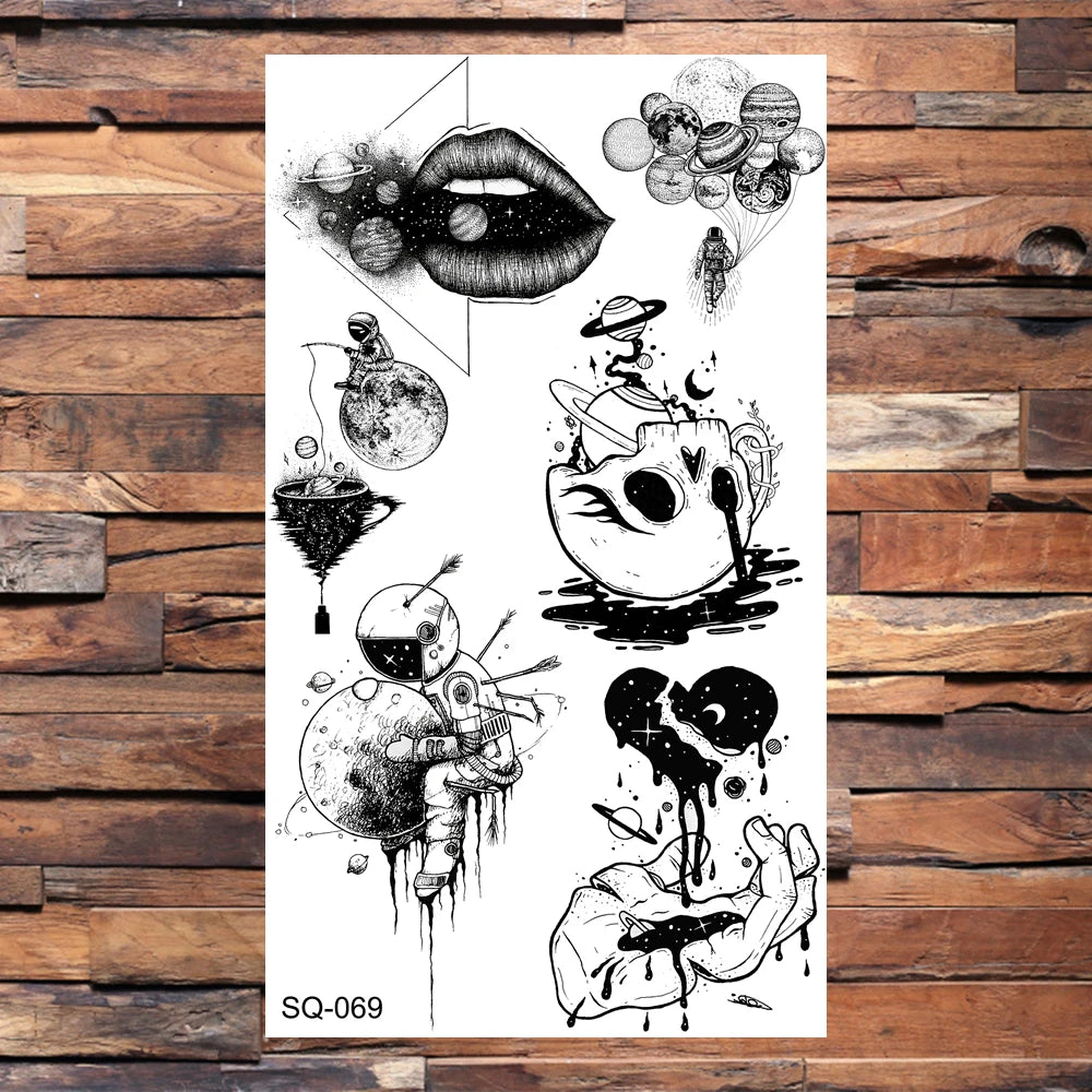 Black Lips Temporary Tattoos For Women Men Realistic Eye Skull Planet String Fake Tattoo Sticker Hand Body Tatoos Hot Sale Small