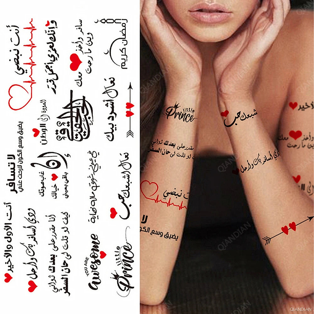 Watercolor Arm Letter Temporary Tattoos Sleeve English Word Lip Print Feather Decorate Realistic Fake Body Women Totem Sticker