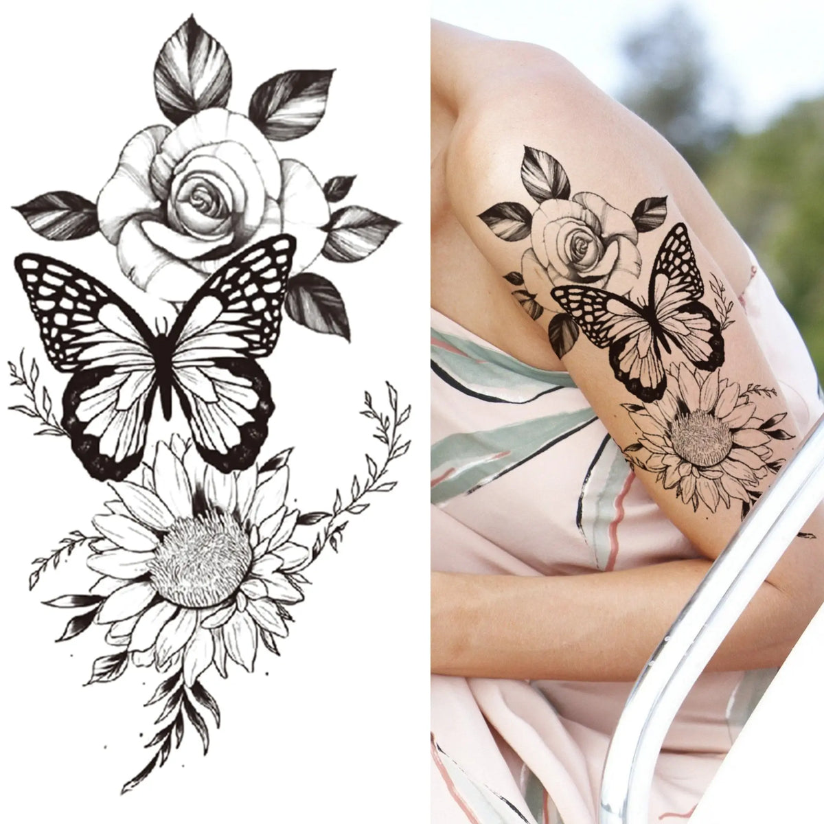 Black 3D Rose Temporary Tattoo For Women Girls Adult Peony Dahlia Flower Tattoos Sticker Black Flora Glory Geometric Arm Tatoos