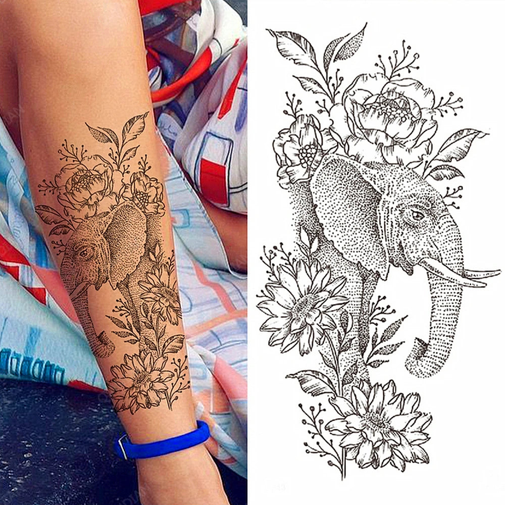 Black Temporary Tattoos Sexy Women Body Arm Art Compass Snake Flower Henna Mandala Waterproof  Character Fake Girl Tatoo Sticker