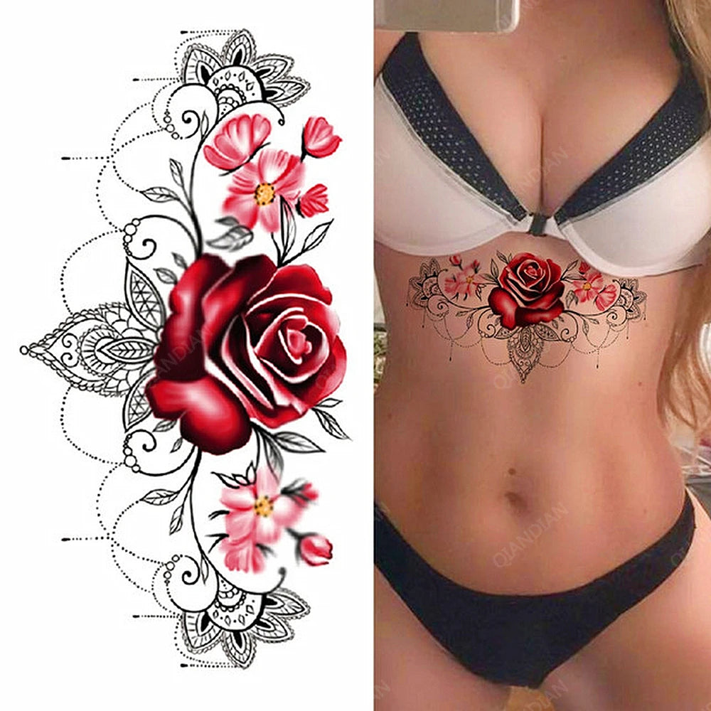 Black Temporary Tattoos Sexy Women Body Arm Art Compass Snake Flower Henna Mandala Waterproof  Character Fake Girl Tatoo Sticker