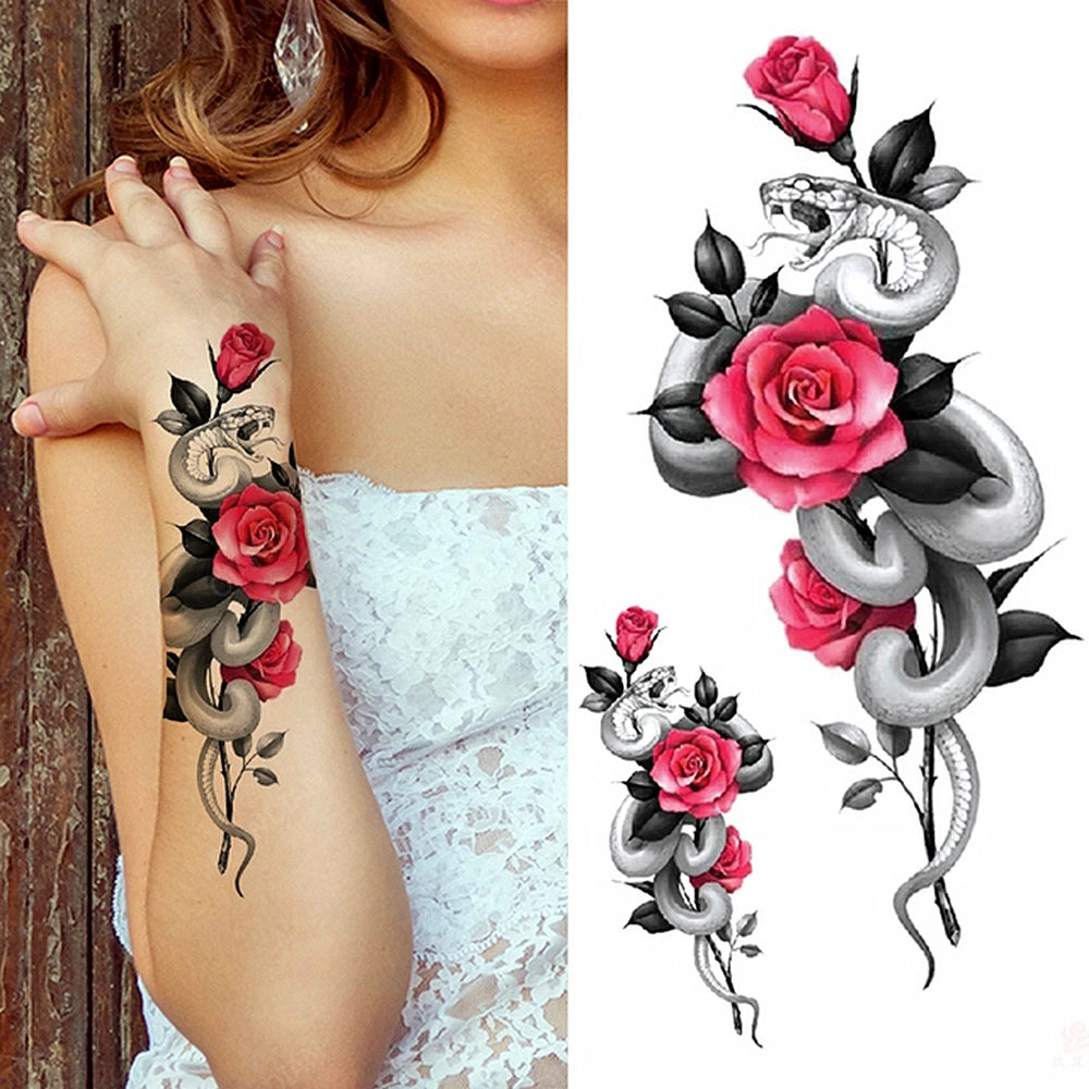 Black Temporary Tattoos Sexy Women Body Arm Art Compass Snake Flower Henna Mandala Waterproof  Character Fake Girl Tatoo Sticker