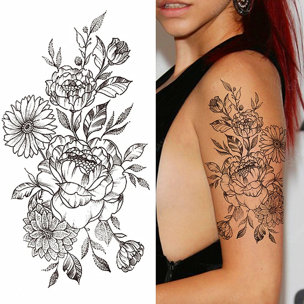 Black Temporary Tattoos Sexy Women Body Arm Art Compass Snake Flower Henna Mandala Waterproof  Character Fake Girl Tatoo Sticker