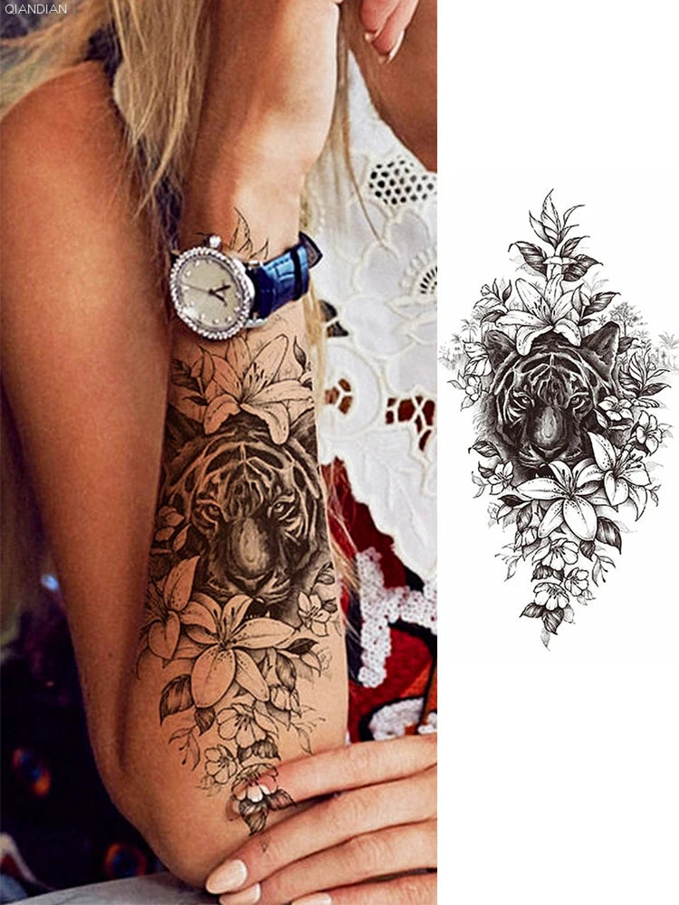 Black Temporary Tattoos Sexy Women Body Arm Art Compass Snake Flower Henna Mandala Waterproof  Character Fake Girl Tatoo Sticker