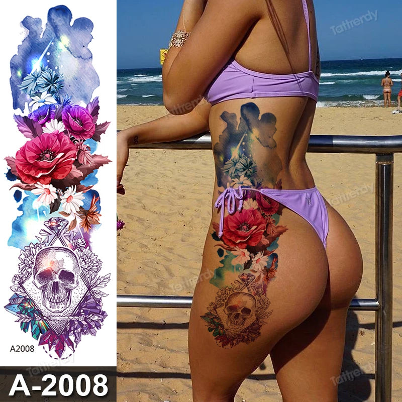 sexy tattoo stockings thigh leg temporary tatoos for women girls body stickers flowers peonies carp fish dragon snake tattoo big