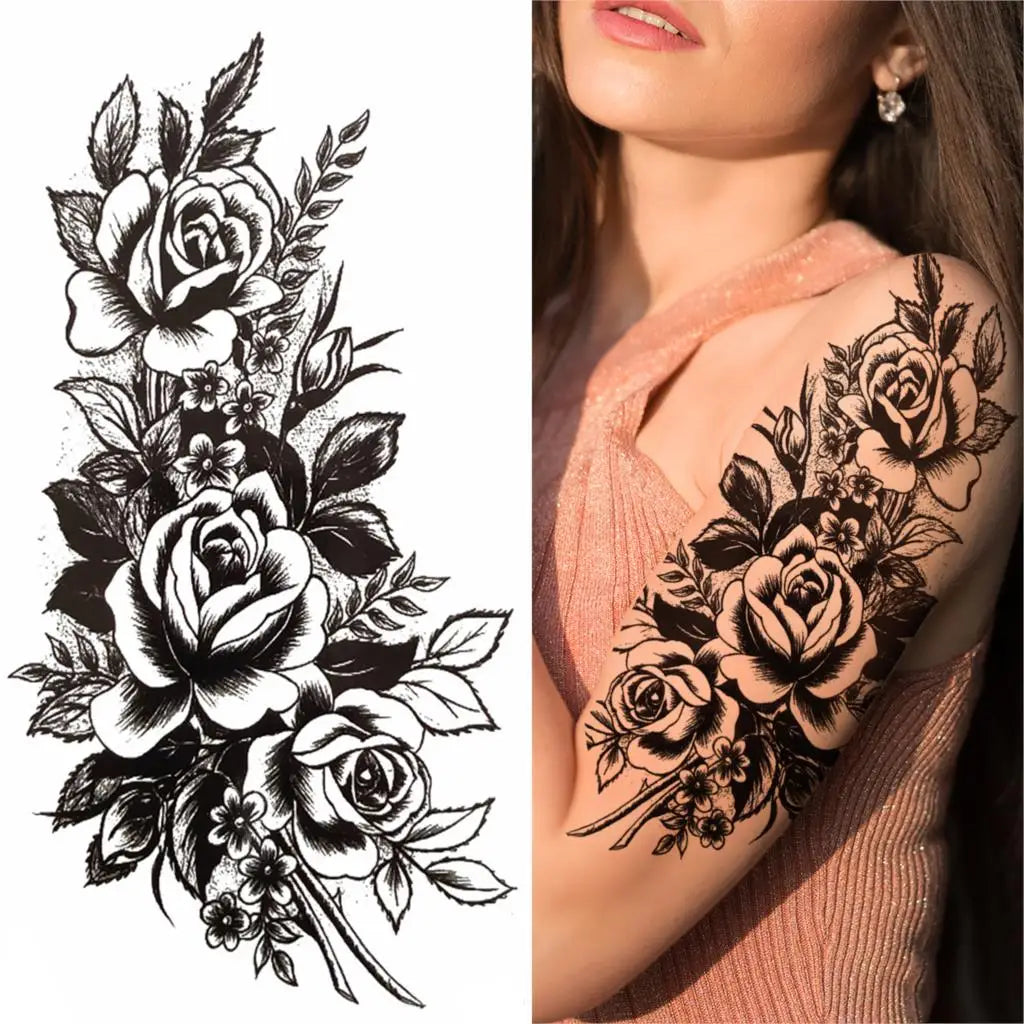 Black 3D Rose Temporary Tattoo For Women Girls Adult Peony Dahlia Flower Tattoos Sticker Black Flora Glory Geometric Arm Tatoos