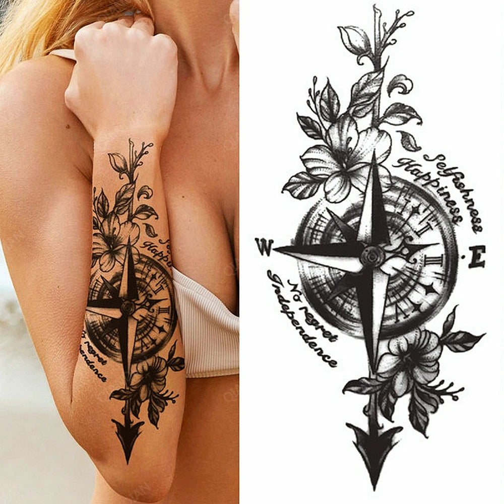 Black Temporary Tattoos Sexy Women Body Arm Art Compass Snake Flower Henna Mandala Waterproof  Character Fake Girl Tatoo Sticker