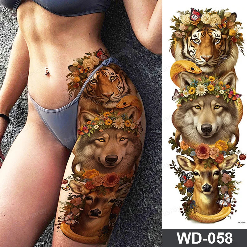 Large Arm Sleeve Tattoo Waterproof Temporary Tattoo Full Arm Body Art Stickers Women Adult Man Tattoo Wolf Lion Head Rose Flower