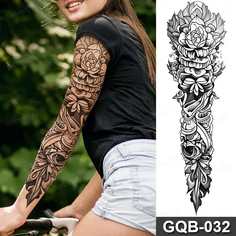 Rose Peony Flower Temporary Tattoo Full Arm Sleeve Leg Thigh Waist Women Body Art Waterproof Tattoo Stickers Large Size 48*17Cm