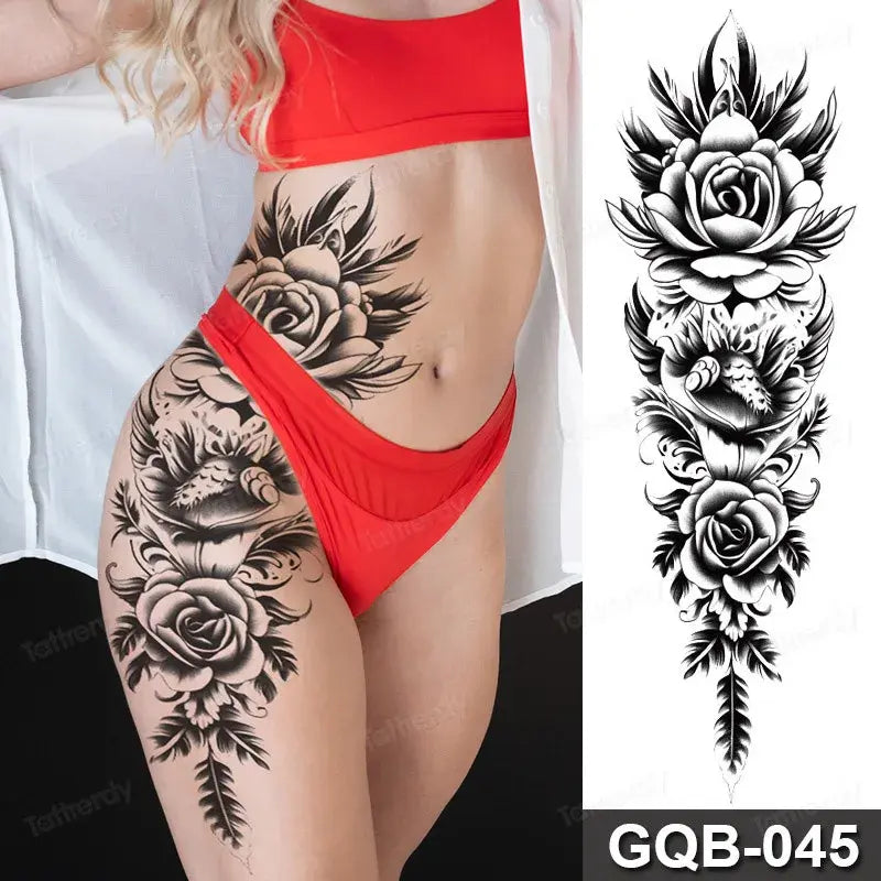 Rose Peony Flower Temporary Tattoo Full Arm Sleeve Leg Thigh Waist Women Body Art Waterproof Tattoo Stickers Large Size 48*17Cm
