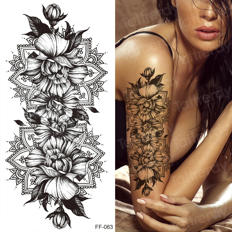 Temporary Tattoo Black Flower Tattoo Sleeves Water Transfer Tatoo Sticker Peony Rose Tattoos Body Art Sexy Tatoo Girl Arm Legs