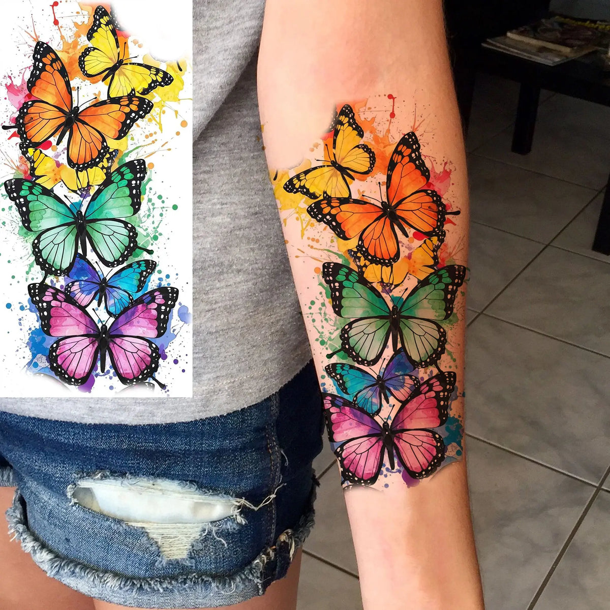 1 Sheet Watercolor Rose Butterfly Temporary Tattoos For Women Realistic Fake Tattoos Waterproof Body Art Tatoo Sticker Last Long
