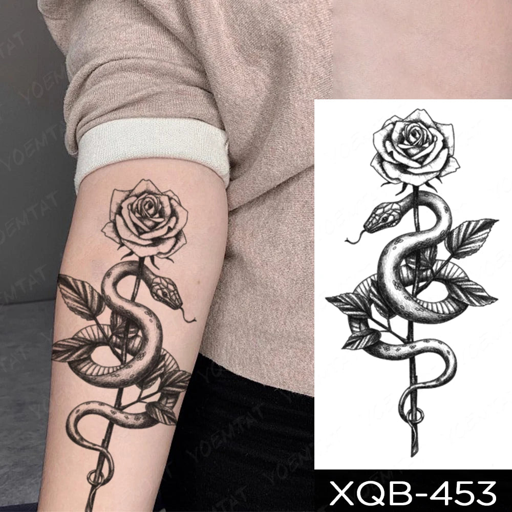 Waterproof Temporary Tattoo Sticker Dragon Snake Rose Flower Dark Style Totem Sexy Body Art Arm Fake Tattoos Sleeve Women Men
