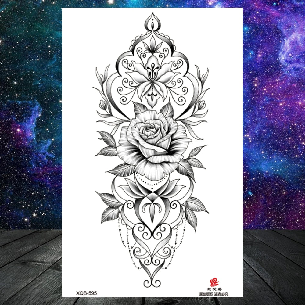 Lotus Flower Temporary Tattoo For Women Girls Snake Peony Lily Rose Chains Tattoos Sticker Black Blossom Fake Transferable Tatoo