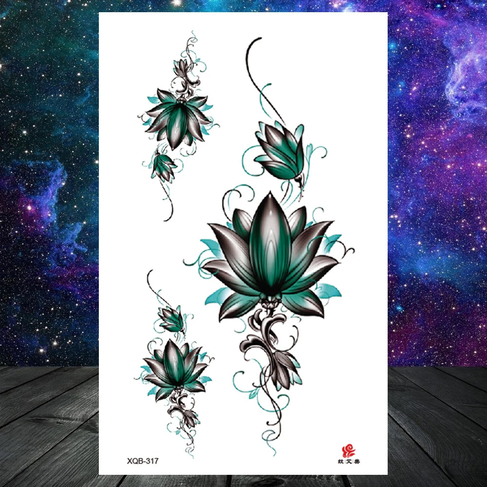 Lotus Flower Temporary Tattoo For Women Girls Snake Peony Lily Rose Chains Tattoos Sticker Black Blossom Fake Transferable Tatoo