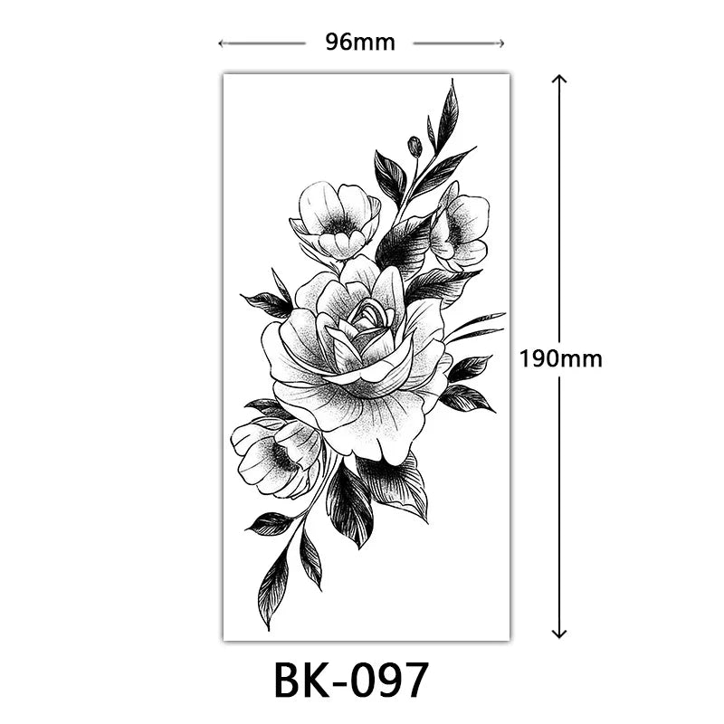 Black Large Flower False Tattoo Sticker For Women Rose Peony Temporary DIY Water Transfer Tattoos Girls Hand Back Body Art