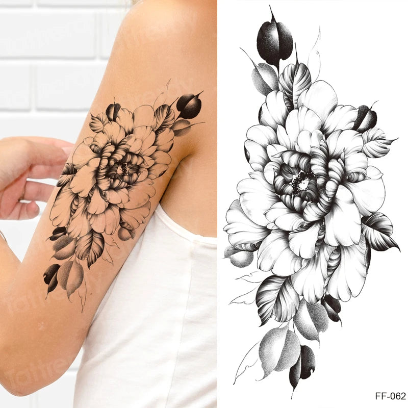 Temporary Tattoo Black Flower Tattoo Sleeves Water Transfer Tatoo Sticker Peony Rose Tattoos Body Art Sexy Tatoo Girl Arm Legs