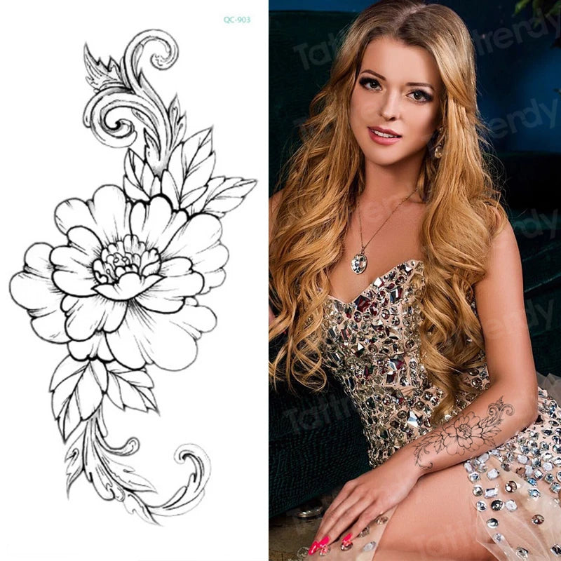 Temporary Tattoo Black Flower Tattoo Sleeves Water Transfer Tatoo Sticker Peony Rose Tattoos Body Art Sexy Tatoo Girl Arm Legs