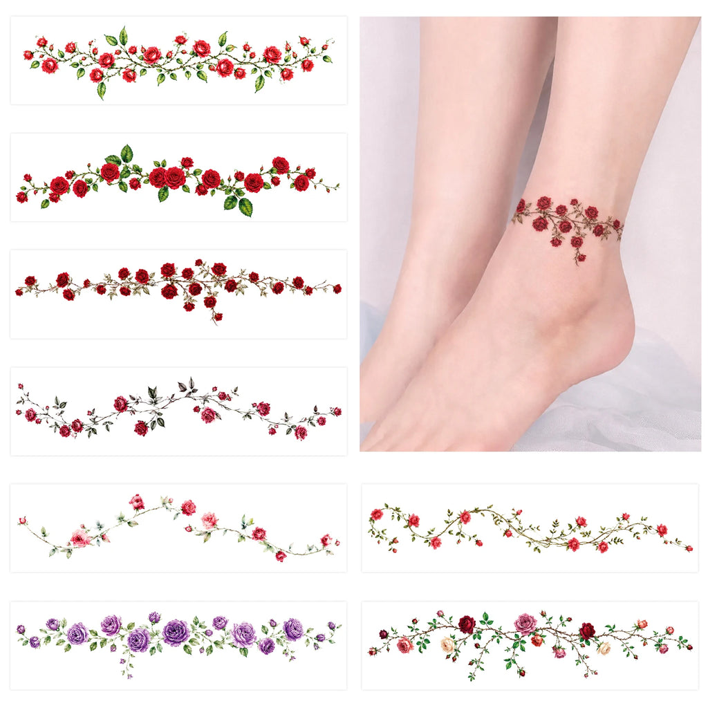 8 Sheets of Large, Rose Vine Plant Temporary Tattoos for Women - Long-Lasting Arm Tattoos, Body Stickers for Face, Arm, Chest, W