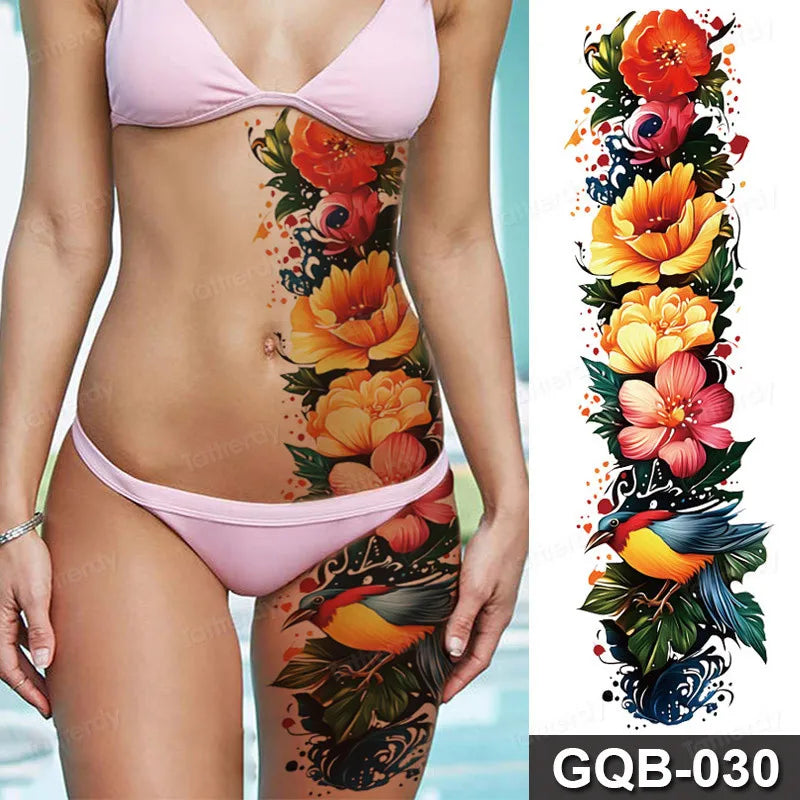 Rose Peony Flower Temporary Tattoo Full Arm Sleeve Leg Thigh Waist Women Body Art Waterproof Tattoo Stickers Large Size 48*17Cm
