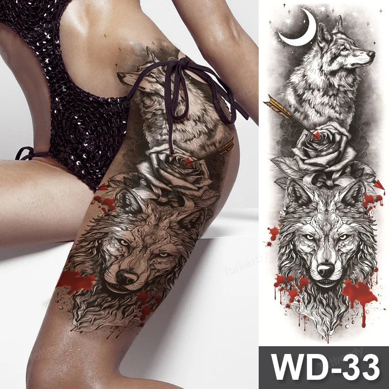 Large Arm Sleeve Tattoo Waterproof Temporary Tattoo Full Arm Body Art Stickers Women Adult Man Tattoo Wolf Lion Head Rose Flower