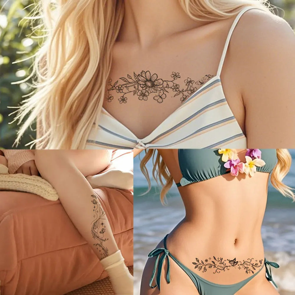10pcs Black Flower Temporary Tattoos for Women Butterfly Fake Tattoos for Hand Arm Back Body Decor Long Lasting Tattoo Stickers