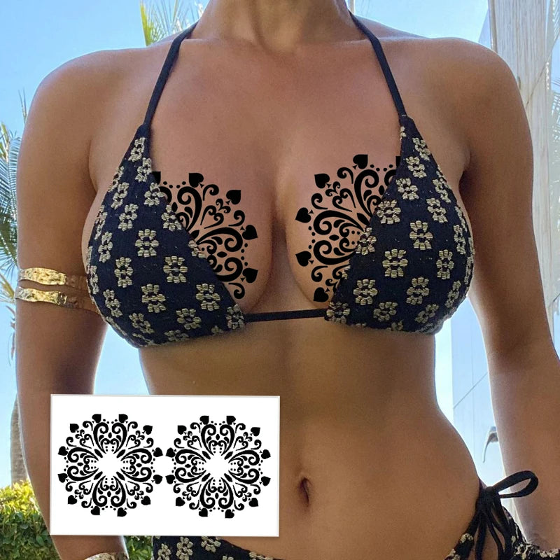 1-Pack Sexy Symmetrical Black Heart Chest Tattoo Sticker Temporary Bikini Cover-Up Bohemian Decorative Decal Scar Concealer