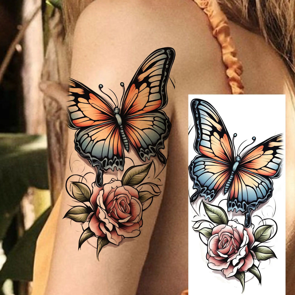 1 Sheet Watercolor Rose Butterfly Temporary Tattoos For Women Realistic Fake Tattoos Waterproof Body Art Tatoo Sticker Last Long