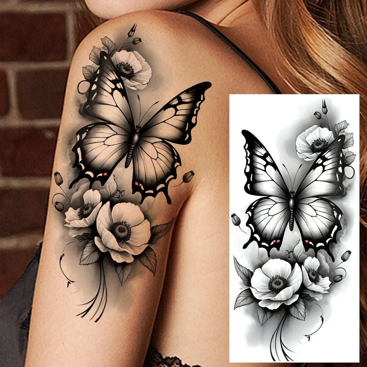1 Sheet Watercolor Rose Butterfly Temporary Tattoos For Women Realistic Fake Tattoos Waterproof Body Art Tatoo Sticker Last Long