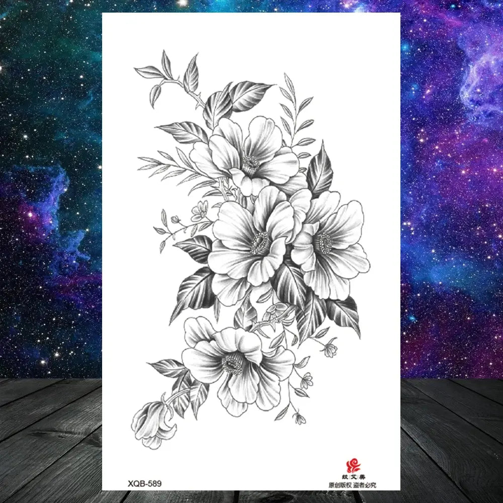 Lotus Flower Temporary Tattoo For Women Girls Snake Peony Lily Rose Chains Tattoos Sticker Black Blossom Fake Transferable Tatoo