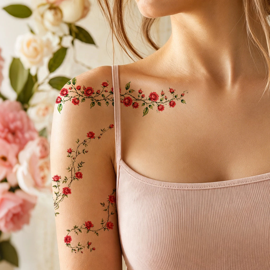 8 Sheets of Large, Rose Vine Plant Temporary Tattoos for Women - Long-Lasting Arm Tattoos, Body Stickers for Face, Arm, Chest, W
