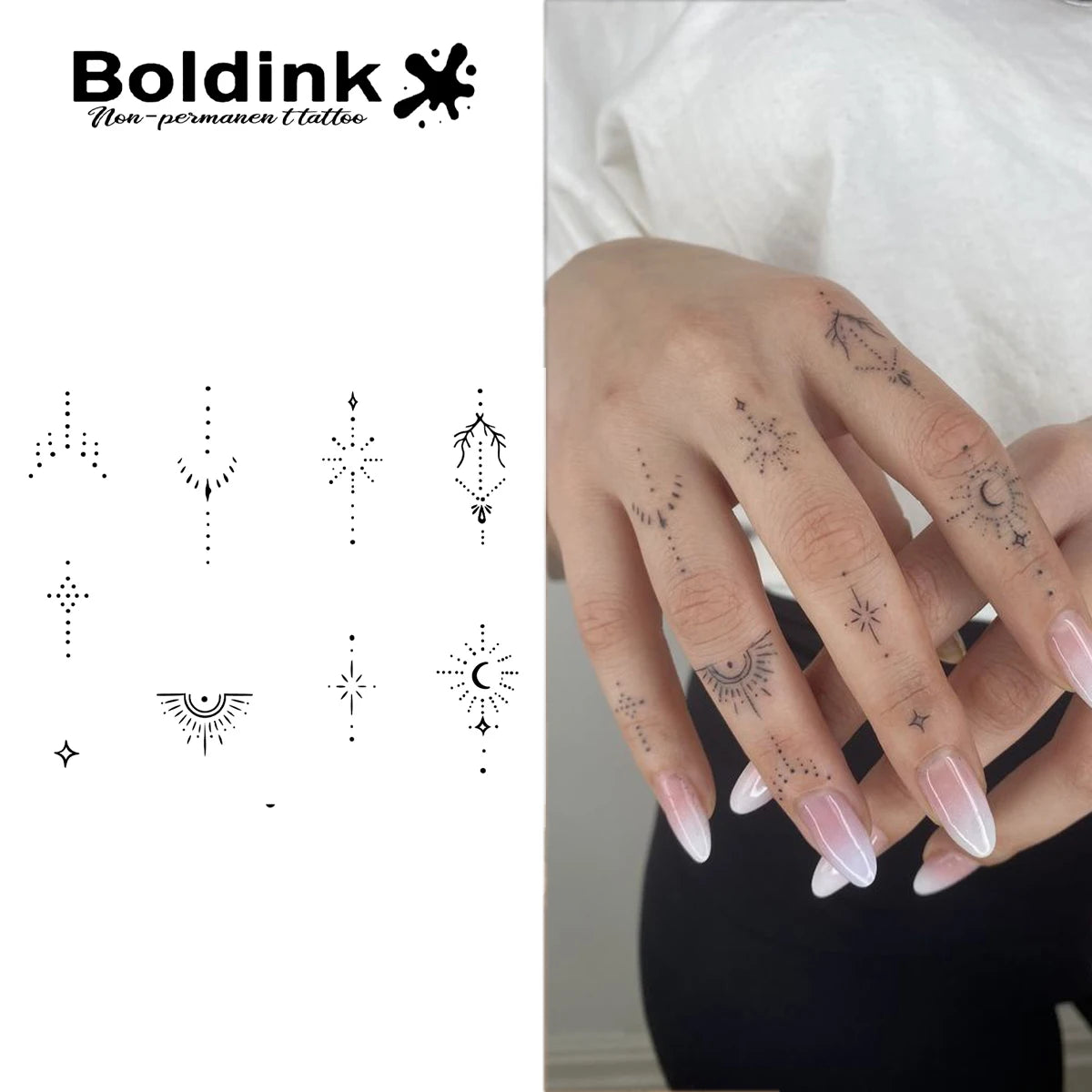 Boldink Delicate Dot-Line Temporary Tattoos, with Star, Moon&Sun Motifs, Waterproof, Mini & Exquisite Finger Stickers