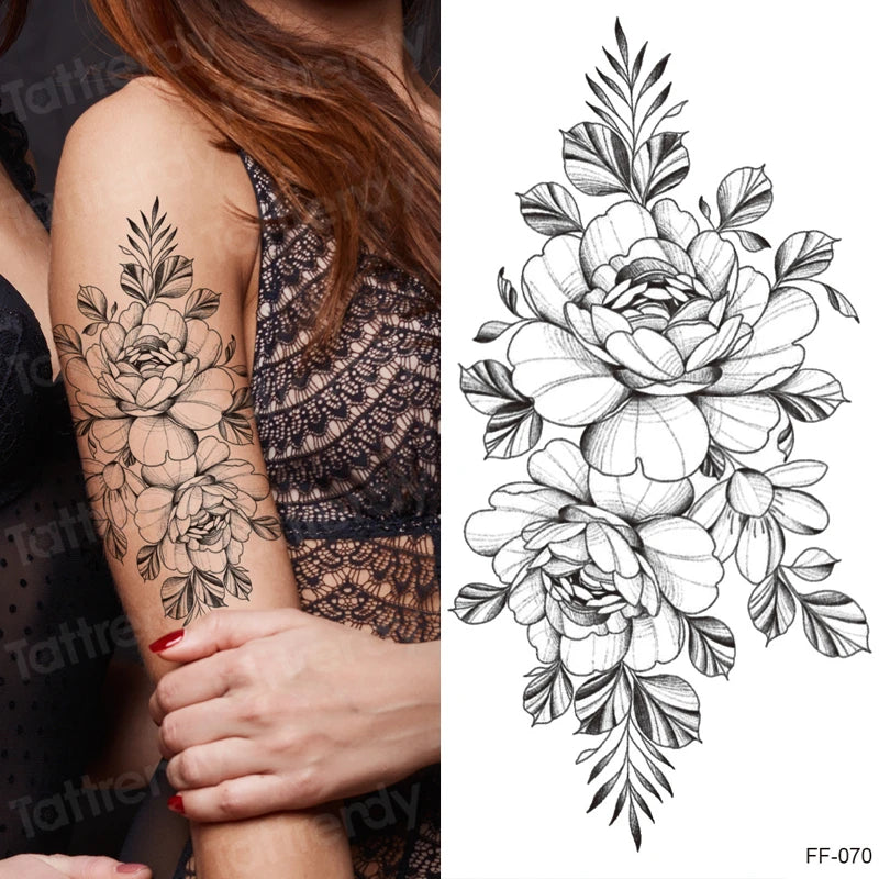 Temporary Tattoo Black Flower Tattoo Sleeves Water Transfer Tatoo Sticker Peony Rose Tattoos Body Art Sexy Tatoo Girl Arm Legs