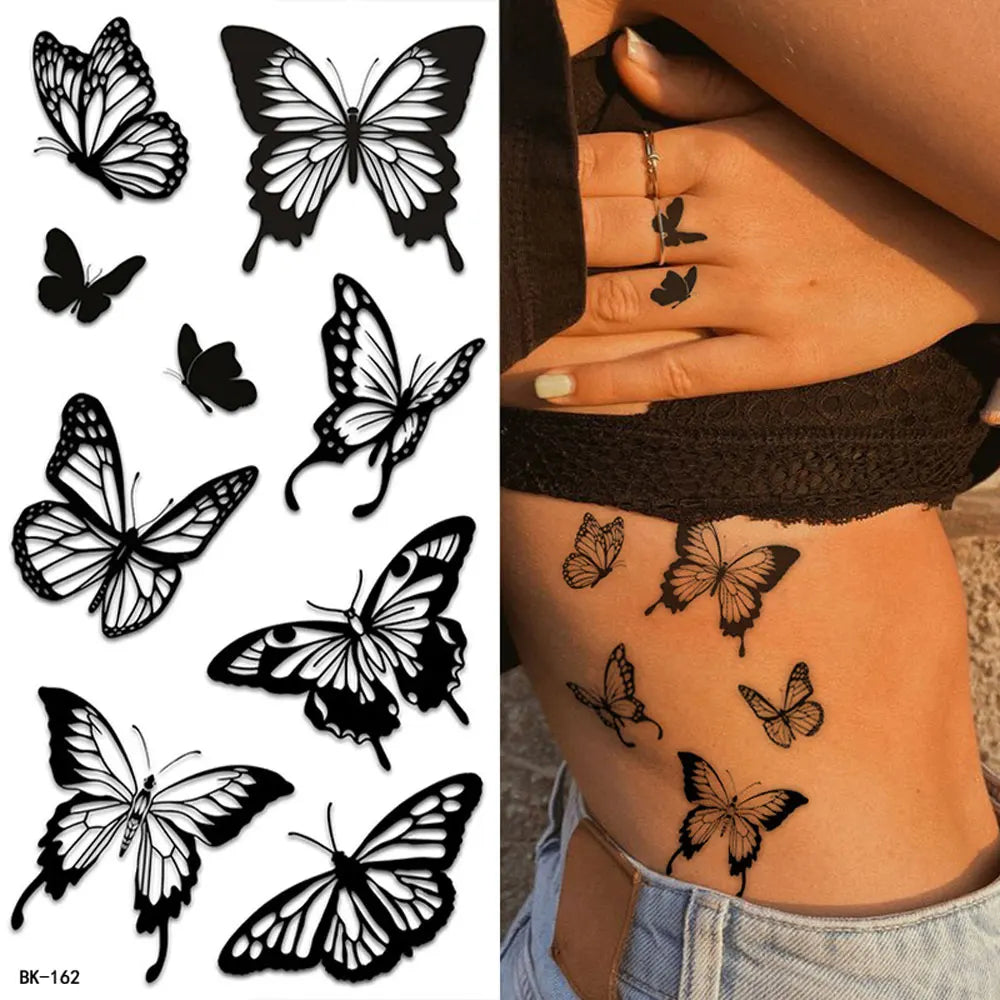 Black Butterfly Temporary Tattoos for Women Men Waterproof Snake Tattoo Stickers for Hand Arm Fake Tattoo Body Decor